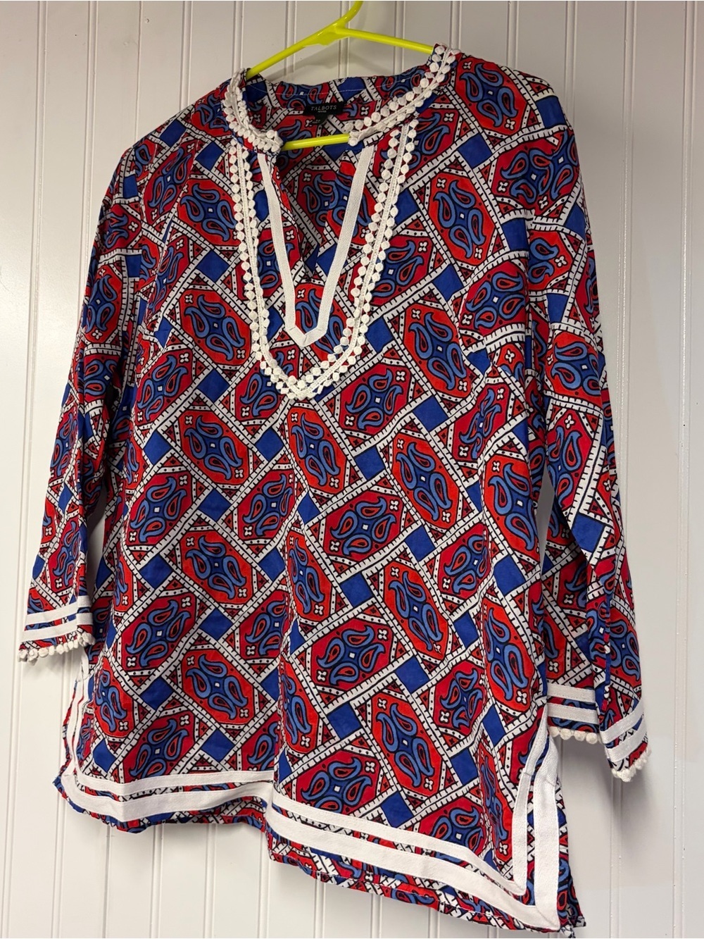 Talbots Vibrant Red & Blue Printed Tunic with White Trim Petite Large